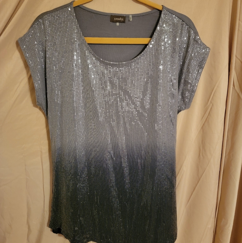 Crosby Women's Gray to Black Sequined Slit Sleeved Top Size L